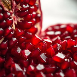 A close-up of a freshly cut, juicy pomegranate, with its vibrant, blood-red seeds spilling out, glistening in the light
