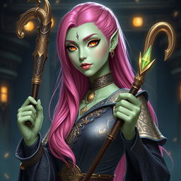 A Yuan-ti woman with long, bright pink hair and shimmering gold lizard eyes