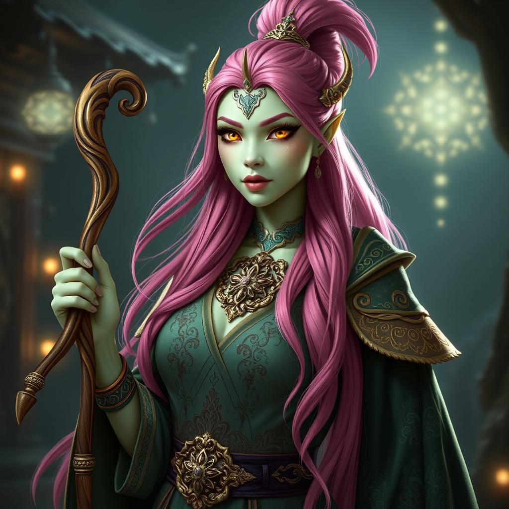 A Yuan-ti woman with long, bright pink hair and shimmering gold lizard eyes