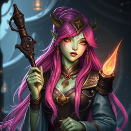 A Yuan-ti woman with long, bright pink hair and shimmering gold lizard eyes