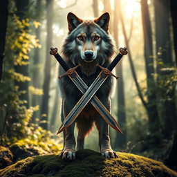 A majestic wolf standing tall in a forest clearing, its fur glistening under the soft light filtering through the trees