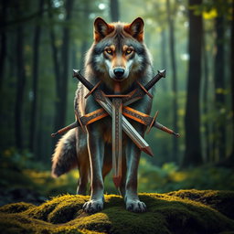 A majestic wolf standing tall in a forest clearing, its fur glistening under the soft light filtering through the trees