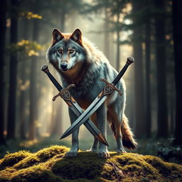 A majestic wolf standing tall in a forest clearing, its fur glistening under the soft light filtering through the trees