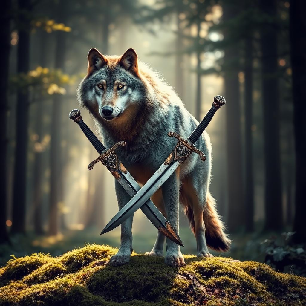 A majestic wolf standing tall in a forest clearing, its fur glistening under the soft light filtering through the trees