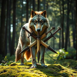 A majestic wolf standing tall in a forest clearing, its fur glistening under the soft light filtering through the trees