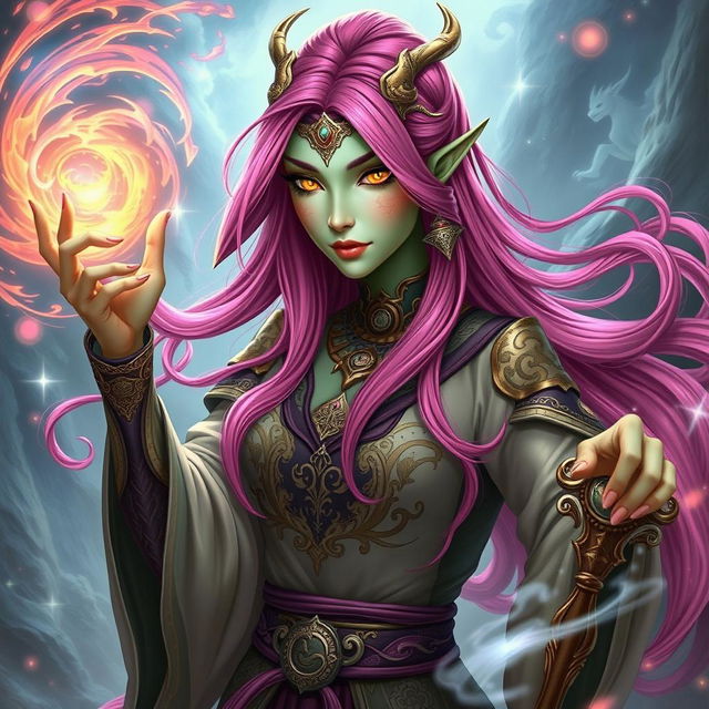 A Yuan-ti woman with long, vibrant pink hair cascading down her shoulders, striking gold lizard-like eyes, and light green skin