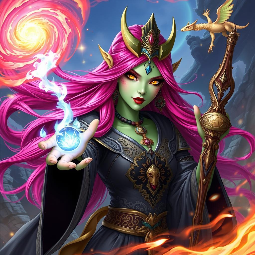 A Yuan-ti woman with long, vibrant pink hair cascading down her shoulders, striking gold lizard-like eyes, and light green skin