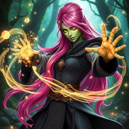 A striking female wizard featuring long bright pink hair and captivating gold lizard-like eyes