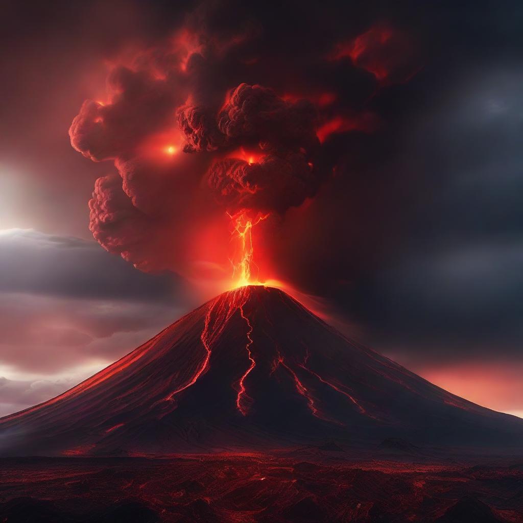 The erupting volcano under a sky laced with red lightning, and in the foreground, an eye, wide and watchful, observing the tumultuous spectacle of nature's fury.