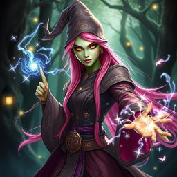 A striking female wizard featuring long bright pink hair and captivating gold lizard-like eyes