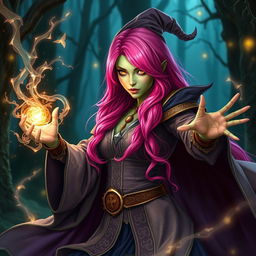 A striking female wizard featuring long bright pink hair and captivating gold lizard-like eyes