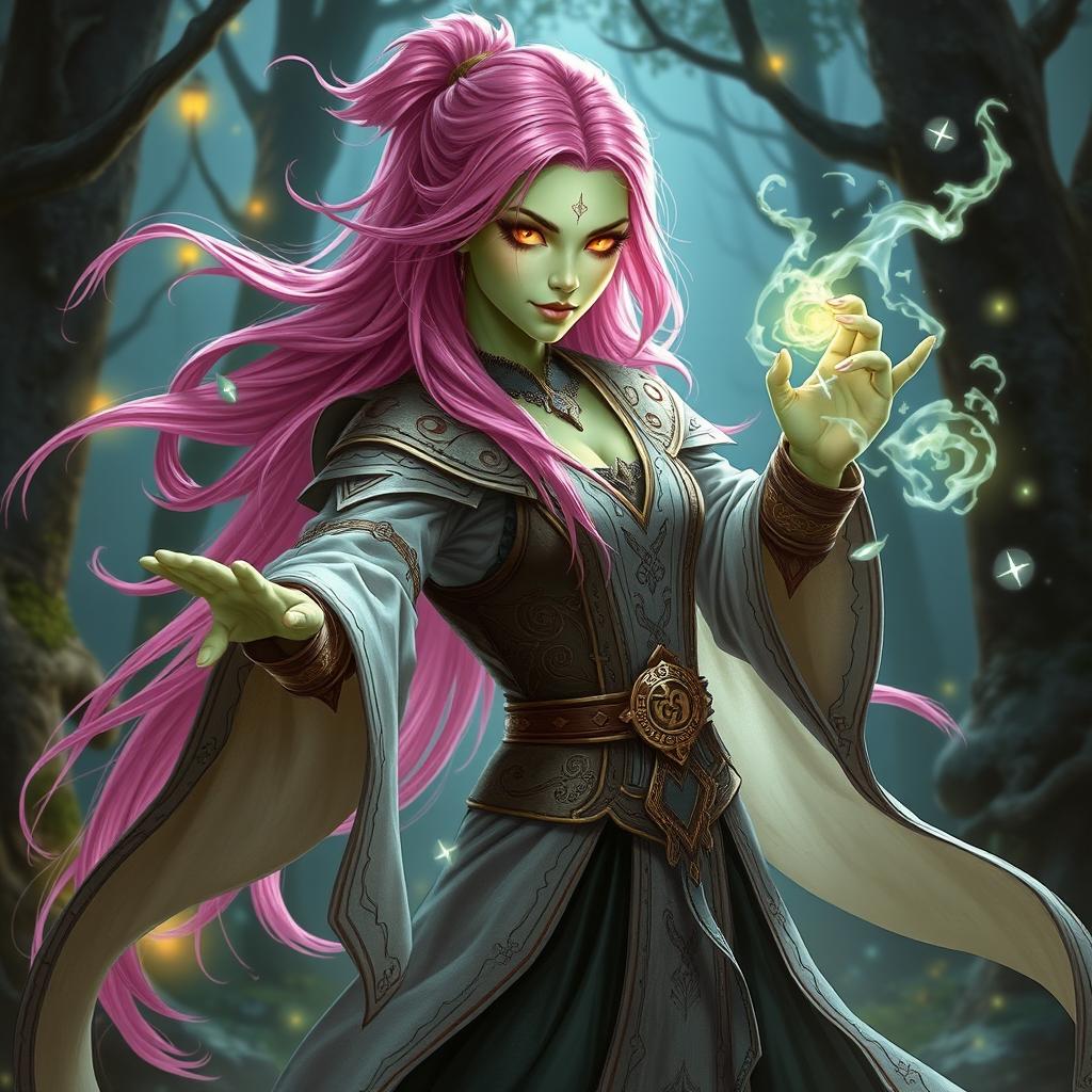 A striking female wizard featuring long bright pink hair and captivating gold lizard-like eyes