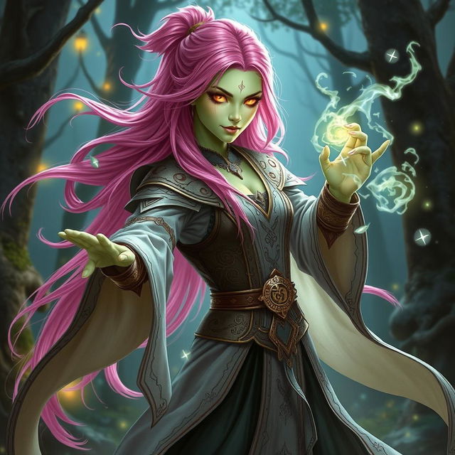 A striking female wizard featuring long bright pink hair and captivating gold lizard-like eyes