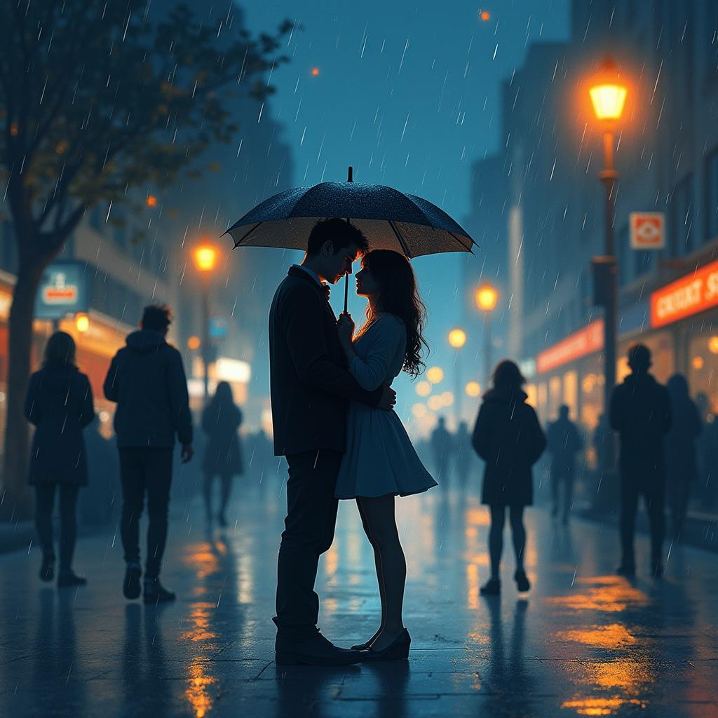 A melancholic night scene depicting love and longing, under a starlit sky