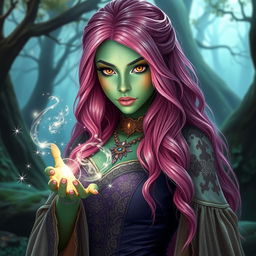 A stunning woman with long, bright pink hair and captivating gold lizard eyes