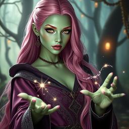 A stunning woman with long, bright pink hair and captivating gold lizard eyes