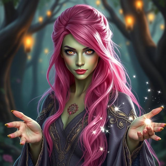 A stunning woman with long, bright pink hair and captivating gold lizard eyes