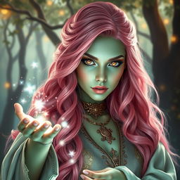 A stunning woman with long, bright pink hair and captivating gold lizard eyes