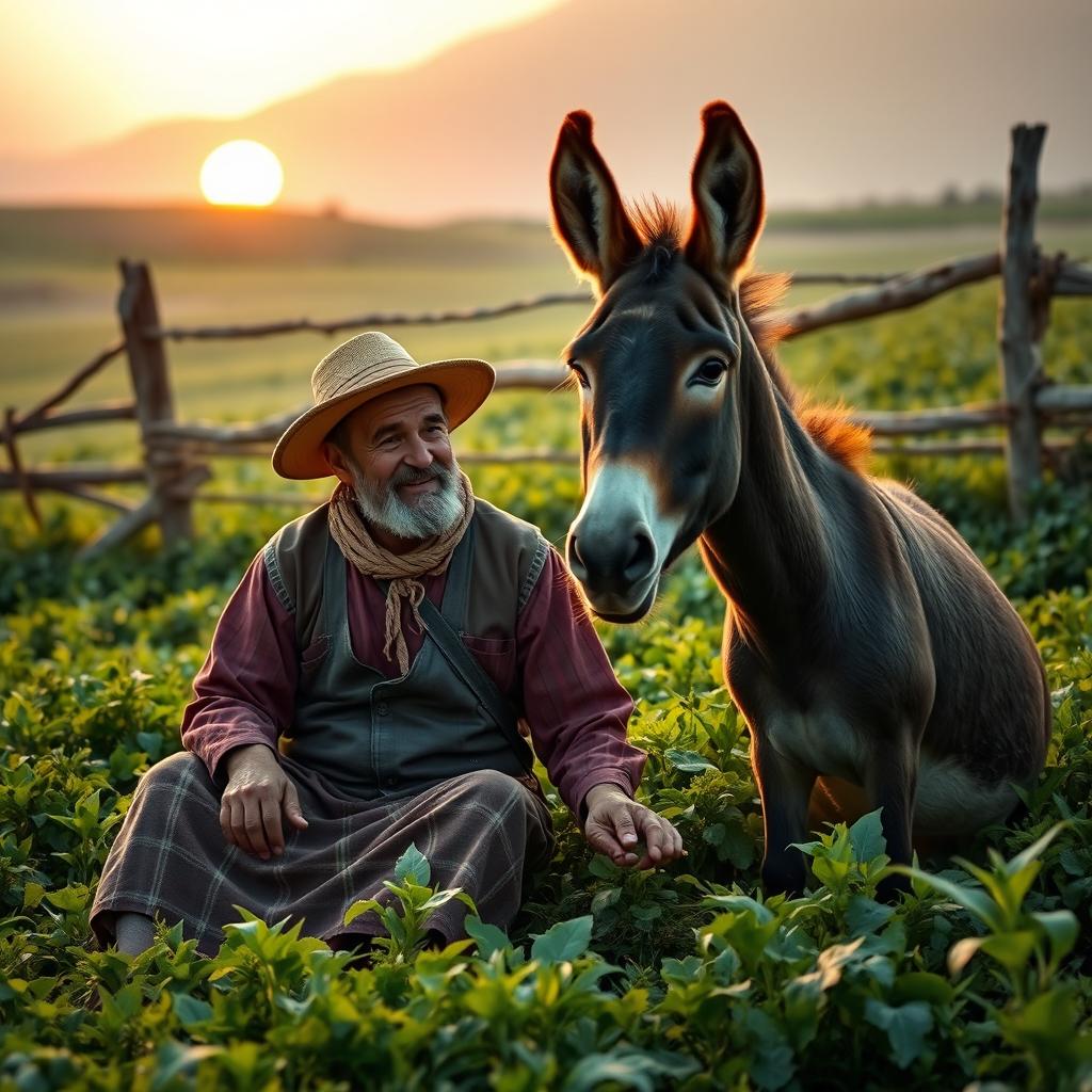 A rural scene depicting a campesino (farmer) in traditional attire, sitting beside a wise-looking donkey