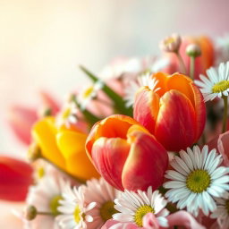 A close-up, artistic representation of a floral arrangement that invokes beauty and elegance, featuring a soft focus on vibrant tulips and delicate daisies
