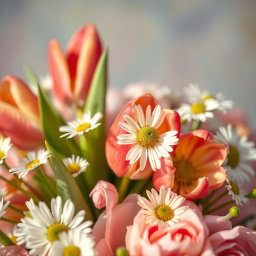 A close-up, artistic representation of a floral arrangement that invokes beauty and elegance, featuring a soft focus on vibrant tulips and delicate daisies