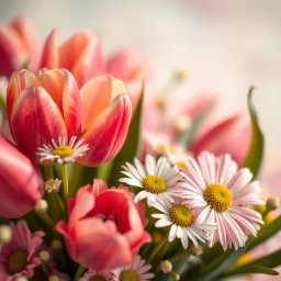 A close-up, artistic representation of a floral arrangement that invokes beauty and elegance, featuring a soft focus on vibrant tulips and delicate daisies