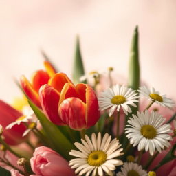 A close-up, artistic representation of a floral arrangement that invokes beauty and elegance, featuring a soft focus on vibrant tulips and delicate daisies