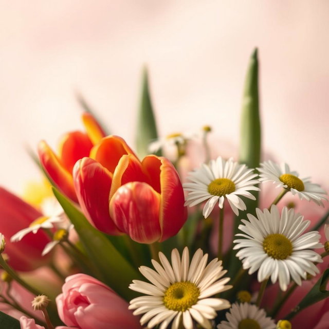 A close-up, artistic representation of a floral arrangement that invokes beauty and elegance, featuring a soft focus on vibrant tulips and delicate daisies