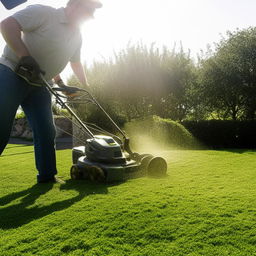 A focused man, mowing a thick, vibrant lawn under a clear sky, a halo of dust particles shining in the sunlight around the active lawn mower.