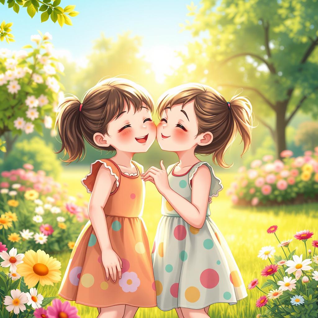 A whimsical scene depicting two young girls in a playful and innocent moment, sharing a sweet kiss on a sunny day in a vibrant park, surrounded by blooming flowers and lush greenery