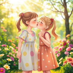 A whimsical scene depicting two young girls in a playful and innocent moment, sharing a sweet kiss on a sunny day in a vibrant park, surrounded by blooming flowers and lush greenery