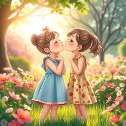 A whimsical scene depicting two young girls in a playful and innocent moment, sharing a sweet kiss on a sunny day in a vibrant park, surrounded by blooming flowers and lush greenery