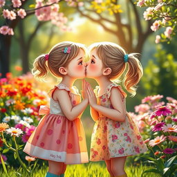 A whimsical scene depicting two young girls in a playful and innocent moment, sharing a sweet kiss on a sunny day in a vibrant park, surrounded by blooming flowers and lush greenery