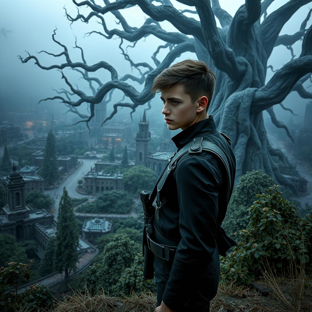 A young man dressed in sleek black soldier attire, standing on a hill overlooking a hauntingly deserted city