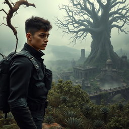A young man dressed in sleek black soldier attire, standing on a hill overlooking a hauntingly deserted city