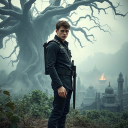 A young man dressed in sleek black soldier attire, standing on a hill overlooking a hauntingly deserted city