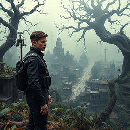 A young man dressed in sleek black soldier attire, standing on a hill overlooking a hauntingly deserted city
