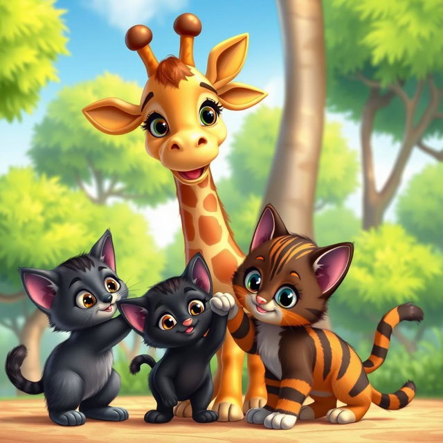 A charming cartoon scene featuring a small giraffe, a loving giraffe mother, a playful black kitten, and a lively striped kitten