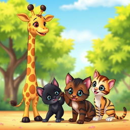 A charming cartoon scene featuring a small giraffe, a loving giraffe mother, a playful black kitten, and a lively striped kitten