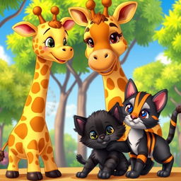 A charming cartoon scene featuring a small giraffe, a loving giraffe mother, a playful black kitten, and a lively striped kitten