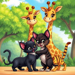 A charming cartoon scene featuring a small giraffe, a loving giraffe mother, a playful black kitten, and a lively striped kitten