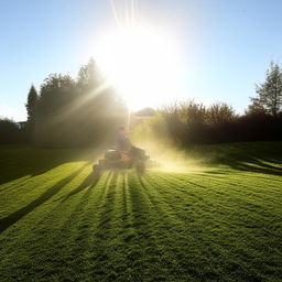 A focused man, mowing a thick, vibrant lawn under a clear sky, a halo of dust particles shining in the sunlight around the active lawn mower.