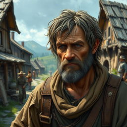 A weary commonfolk man in a fantasy setting, depicted in the style of Dungeons and Dragons