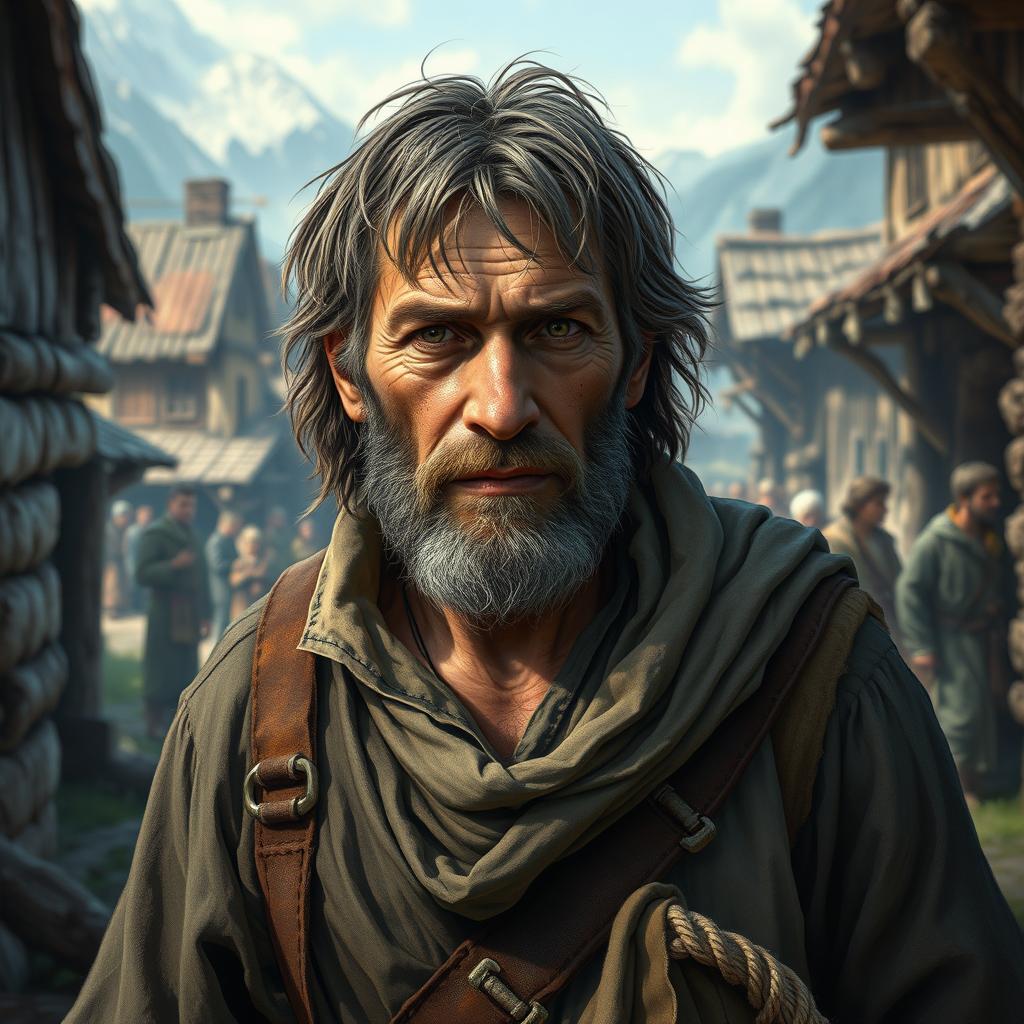 A weary commonfolk man in a fantasy setting, depicted in the style of Dungeons and Dragons