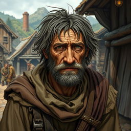 A weary commonfolk man in a fantasy setting, depicted in the style of Dungeons and Dragons