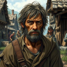 A weary commonfolk man in a fantasy setting, depicted in the style of Dungeons and Dragons