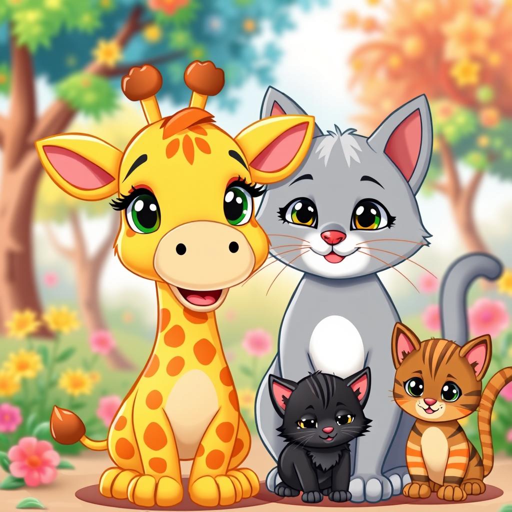 A colorful cartoon scene featuring a cute little giraffe, a mother cat, a black kitten, and an orange striped kitten