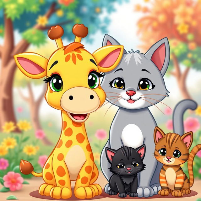 A colorful cartoon scene featuring a cute little giraffe, a mother cat, a black kitten, and an orange striped kitten