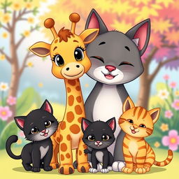 A colorful cartoon scene featuring a cute little giraffe, a mother cat, a black kitten, and an orange striped kitten