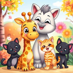 A colorful cartoon scene featuring a cute little giraffe, a mother cat, a black kitten, and an orange striped kitten
